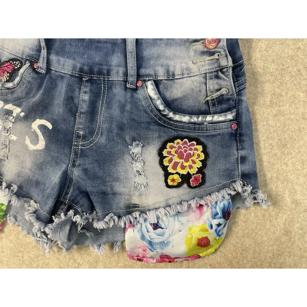 Denim Jean Girls ShortAlls Artsey Vibrant Patches Distressed Hem Painted Paris M